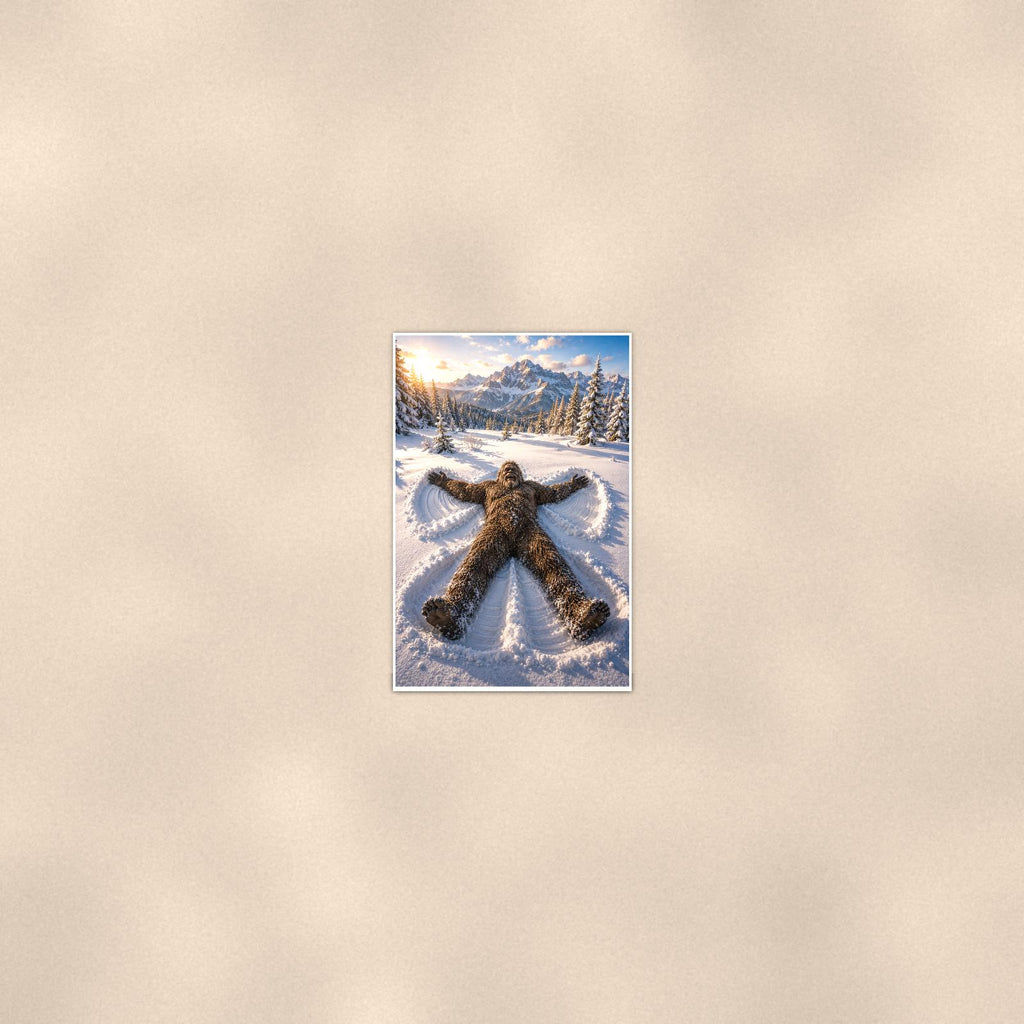 Snow Angel Bigfoot — 24x36 in art print poster, premium luster paper with a white border; poster seen from further back, at true 24x36 in scale on a warm wall.