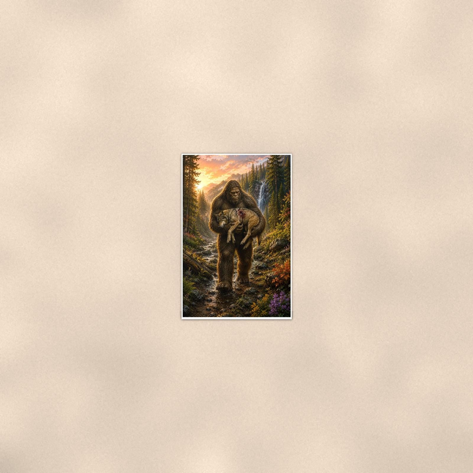 Wolf Pup Rescue Bigfoot — 24x36 in art print poster, premium luster paper with a white border; poster seen from further back, at true 24x36 in scale on a warm wall.