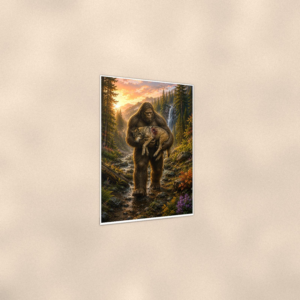 Wolf Pup Rescue Bigfoot — 24x36 in art print poster, premium luster paper with a white border; gentle three-quarter angle on a warm wall, showing the flat paper edge.