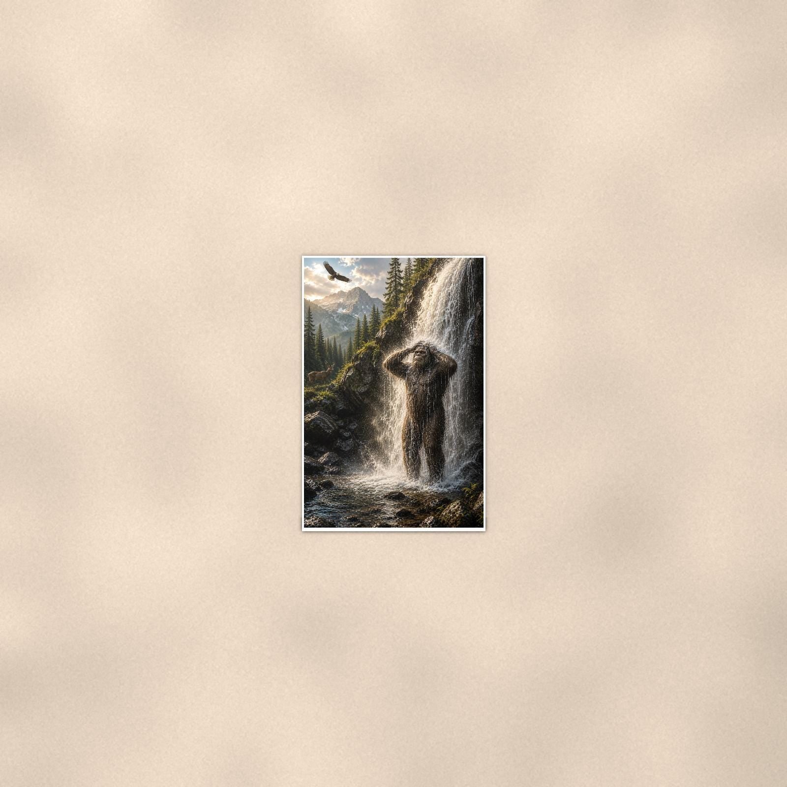 Waterfall Shower Bigfoot — 24x36 in art print poster, premium luster paper with a white border; poster seen from further back, at true 24x36 in scale on a warm wall.