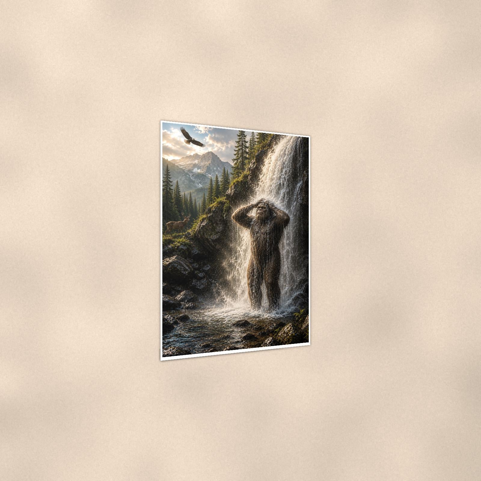 Waterfall Shower Bigfoot — 24x36 in art print poster, premium luster paper with a white border; gentle three-quarter angle on a warm wall, showing the flat paper edge.
