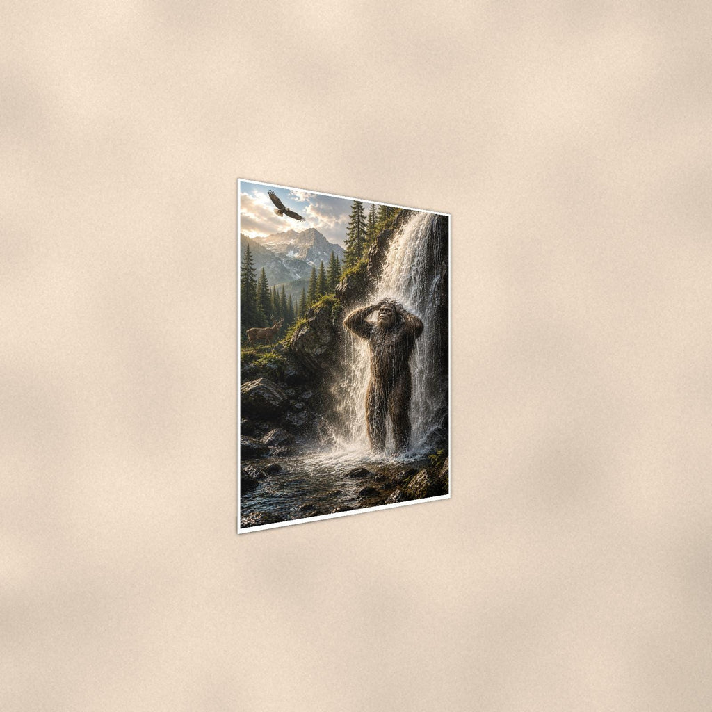 Waterfall Shower Bigfoot — 24x36 in art print poster, premium luster paper with a white border; steeper three-quarter angle on a warm wall, catching the luster sheen.