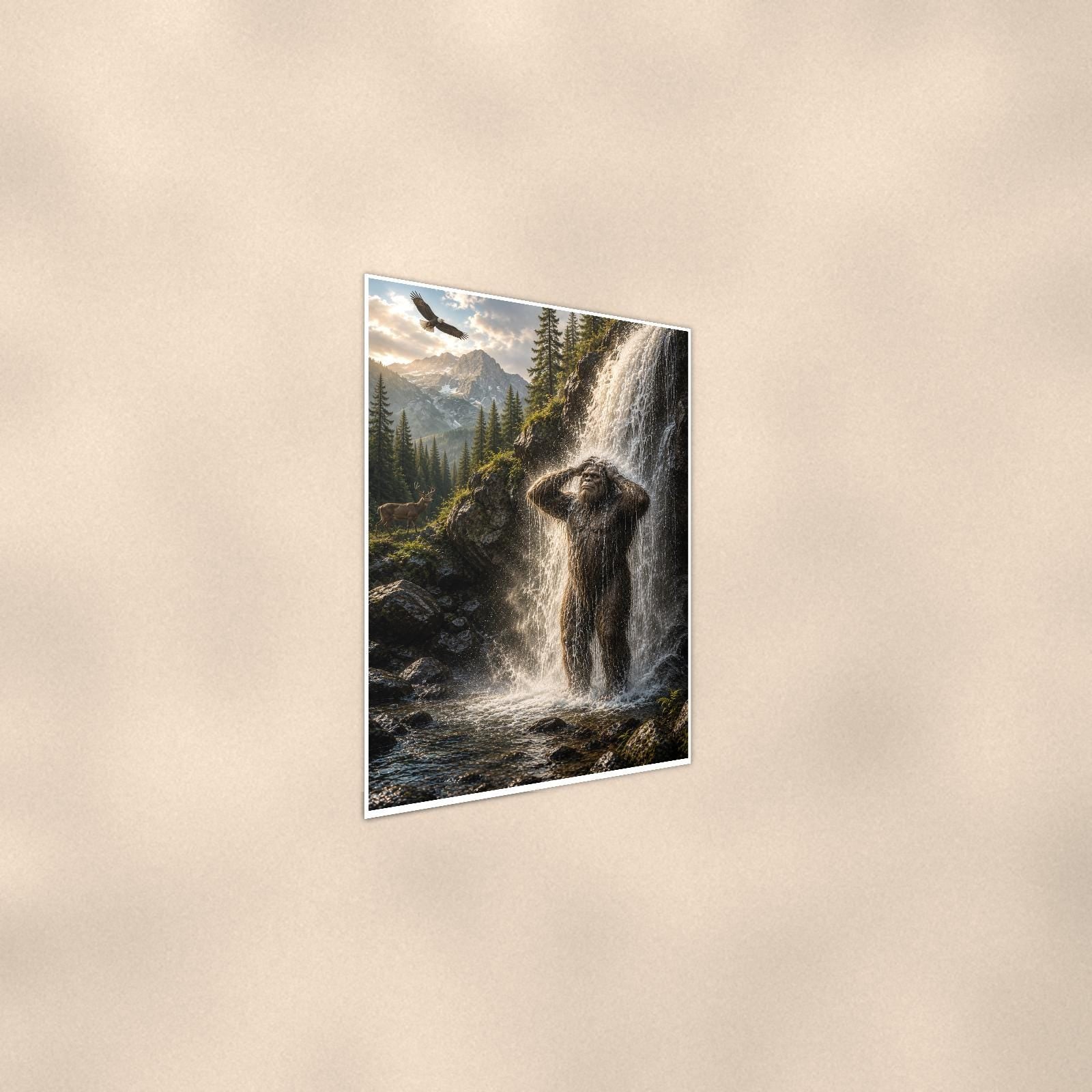 Waterfall Shower Bigfoot — 24x36 in art print poster, premium luster paper with a white border; steeper three-quarter angle on a warm wall, catching the luster sheen.