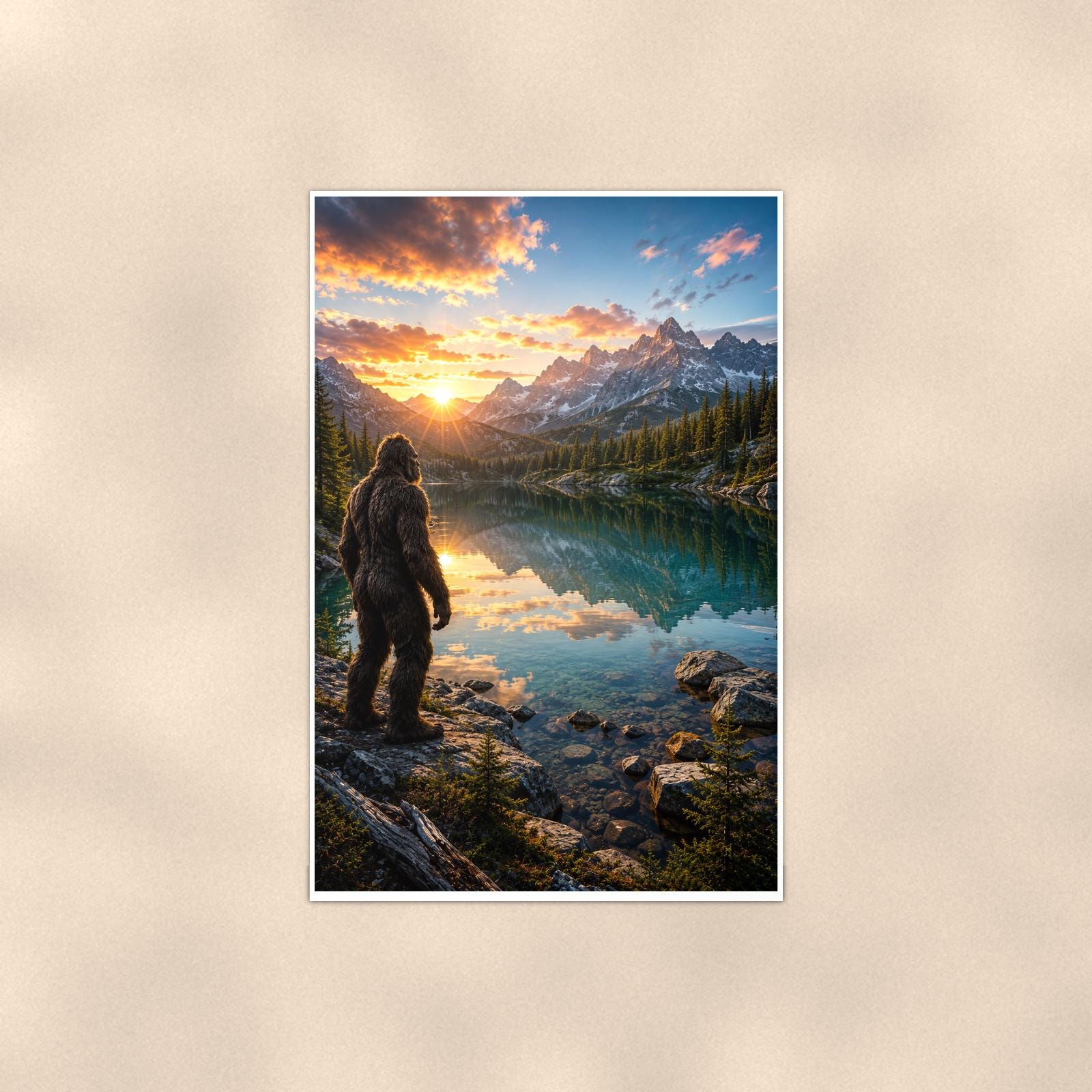 Mirror Lake Bigfoot — 24x36 in art print poster, premium luster paper with a white border; poster shown straight on against a warm wall.