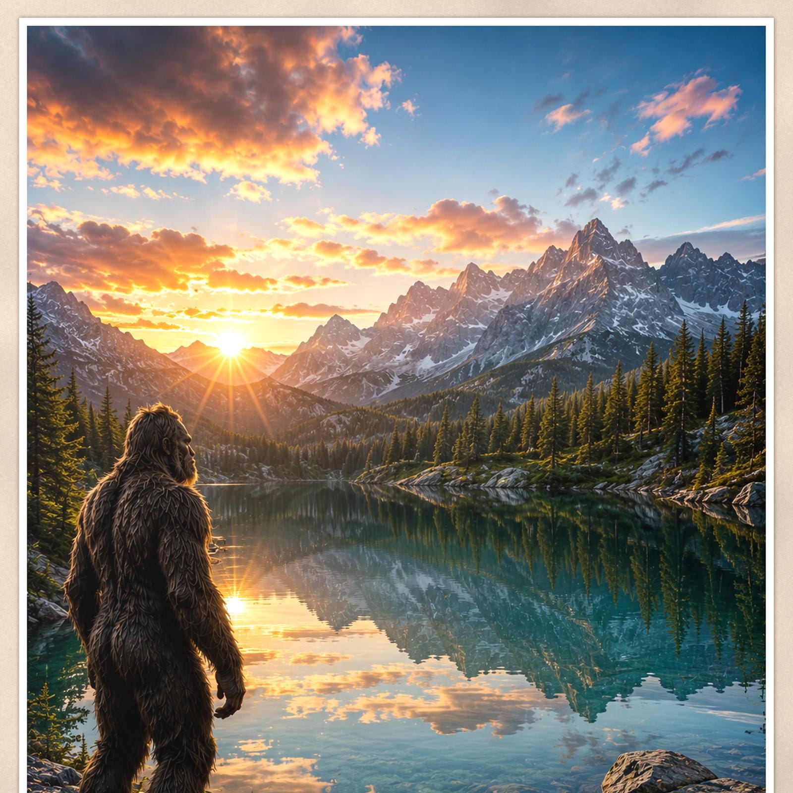 Mirror Lake Bigfoot — 24x36 in art print poster, premium luster paper with a white border; close-up framed on the main subject of the artwork, paper surface visible.