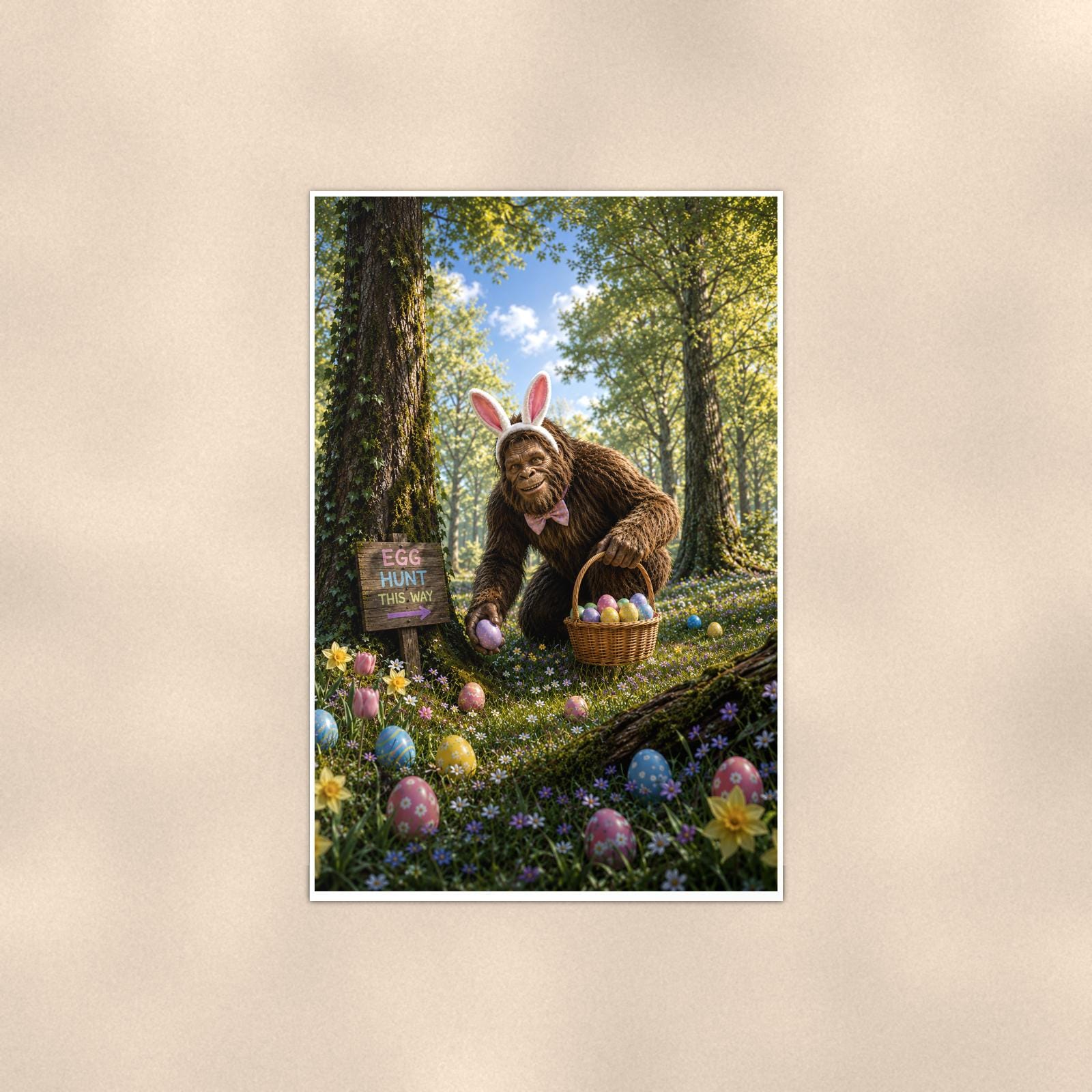 Easter Bigfoot — 24x36 in art print poster, premium luster paper with a white border; poster shown straight on against a warm wall.