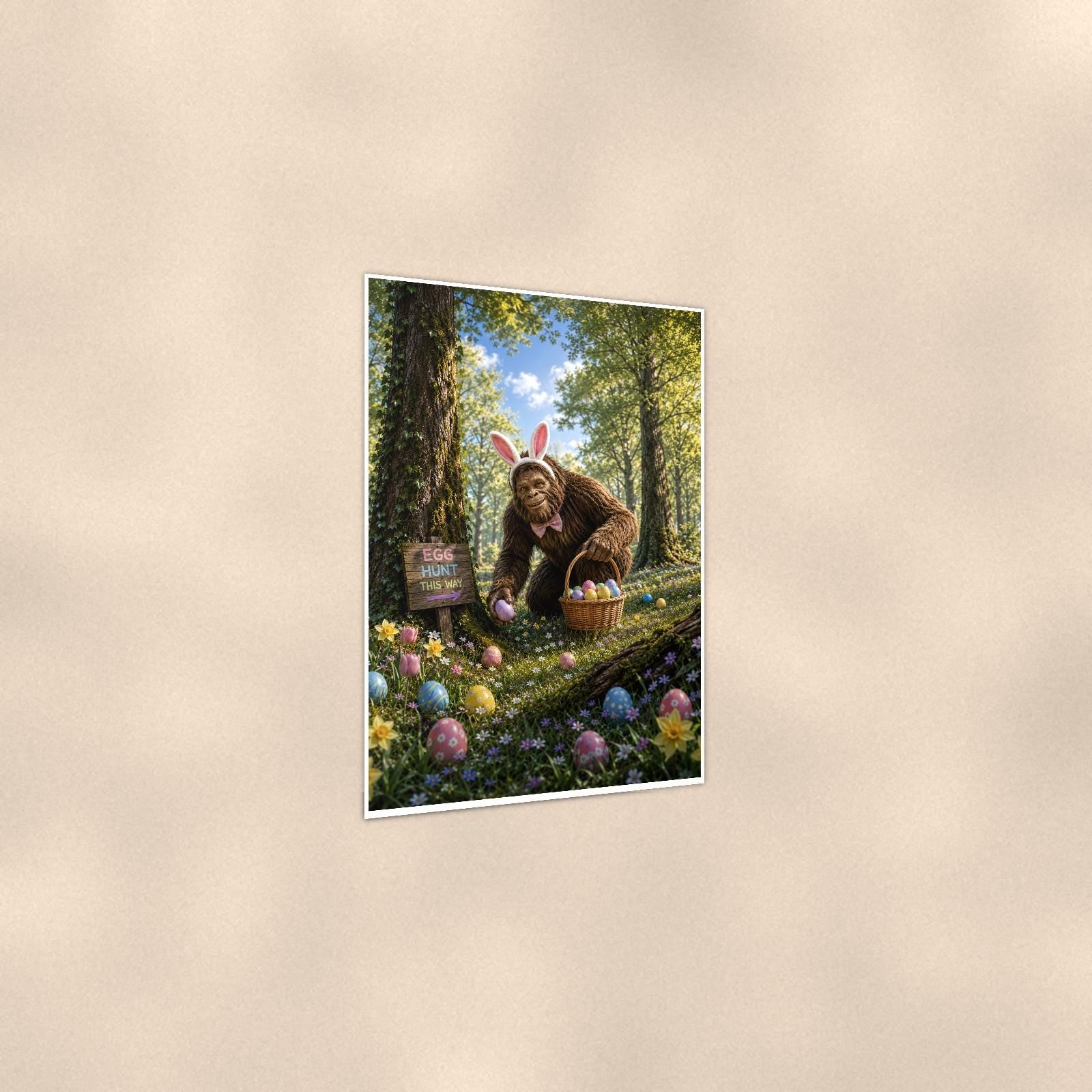 Easter Bigfoot — 24x36 in art print poster, premium luster paper with a white border; gentle three-quarter angle on a warm wall, showing the flat paper edge.