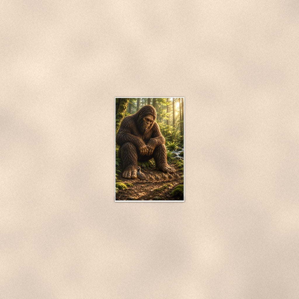 Old Growth Bigfoot — 24x36 in art print poster, premium luster paper with a white border; poster seen from further back, at true 24x36 in scale on a warm wall.