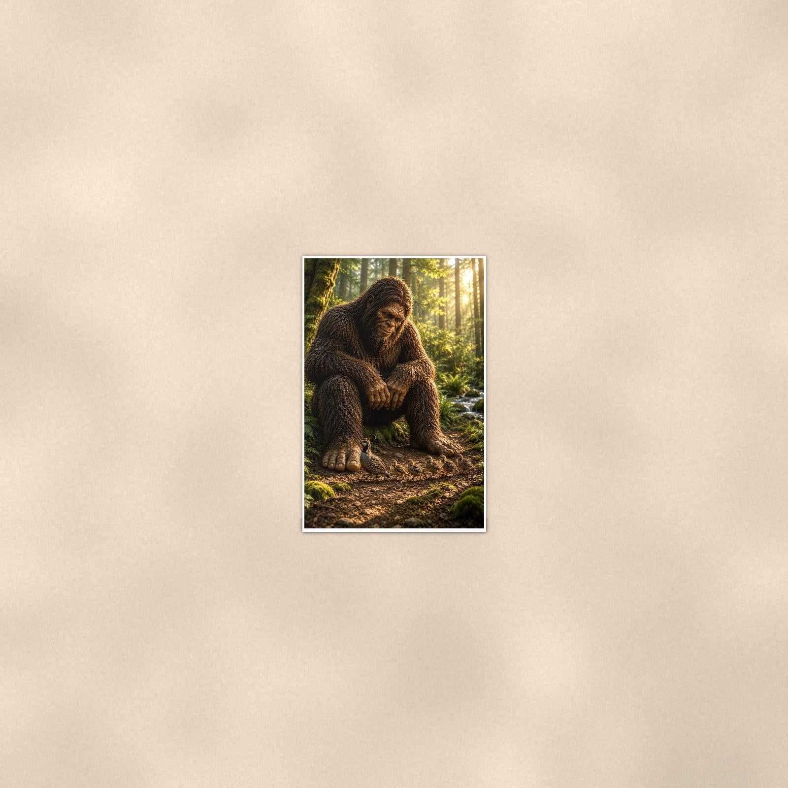 Old Growth Bigfoot — 24x36 in art print poster, premium luster paper with a white border; poster seen from further back, at true 24x36 in scale on a warm wall.