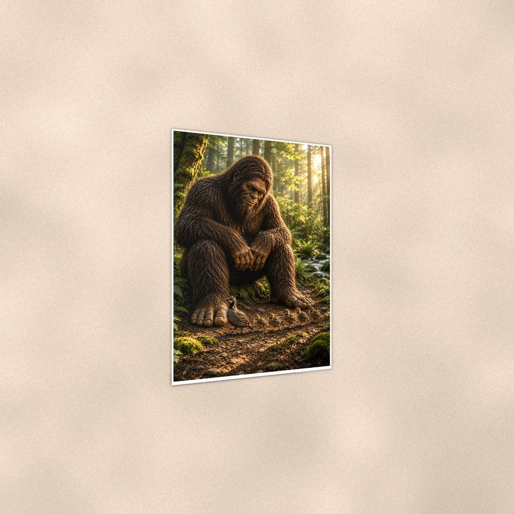 Old Growth Bigfoot — 24x36 in art print poster, premium luster paper with a white border; gentle three-quarter angle on a warm wall, showing the flat paper edge.