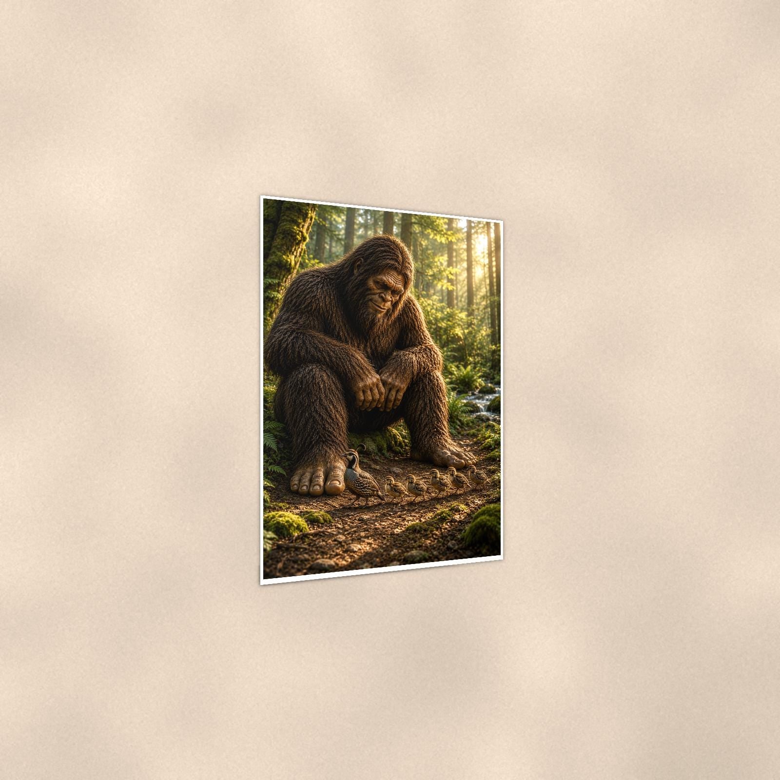 Old Growth Bigfoot — 24x36 in art print poster, premium luster paper with a white border; gentle three-quarter angle on a warm wall, showing the flat paper edge.