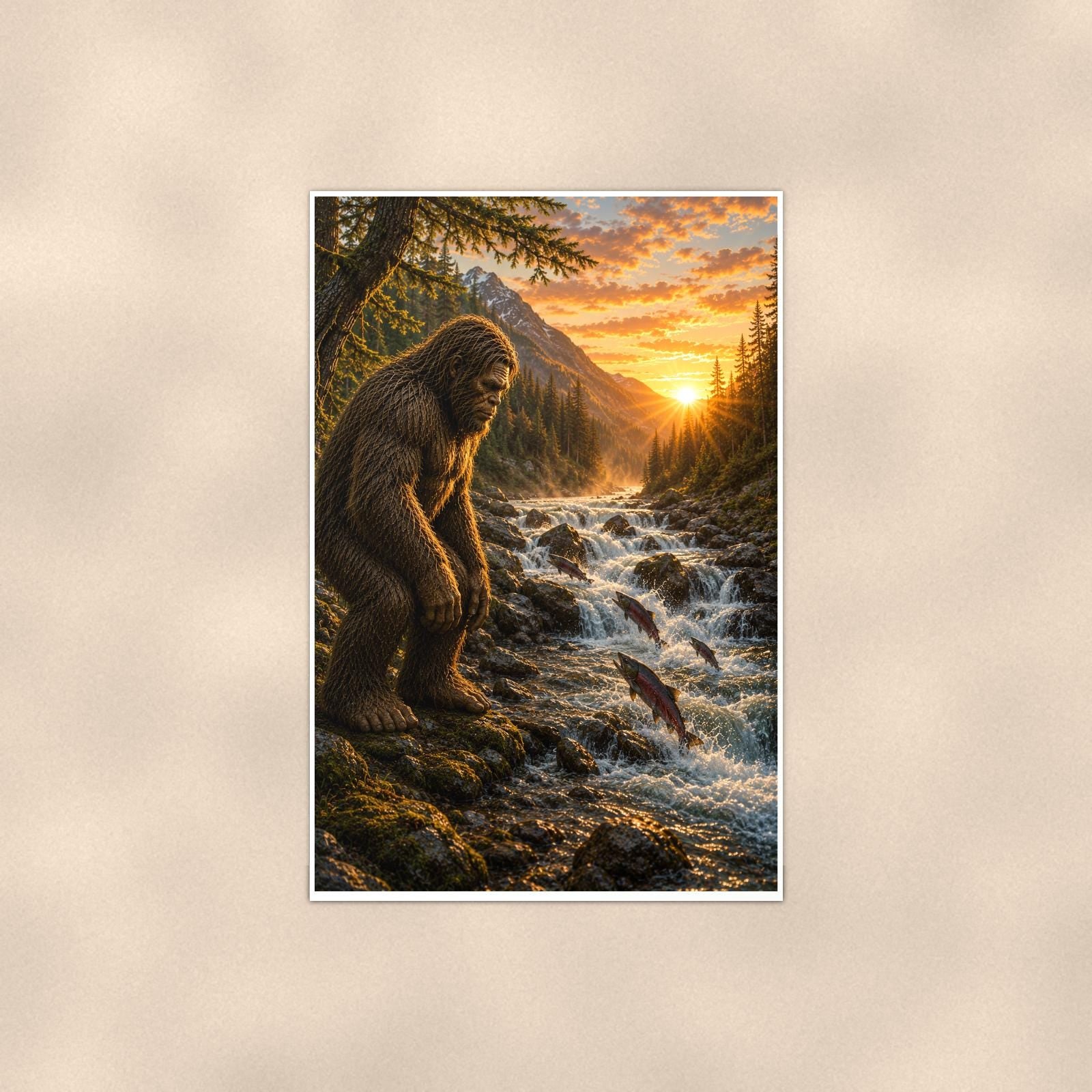 Golden Creek Bigfoot — 24x36 in art print poster, premium luster paper with a white border; poster shown straight on against a warm wall.