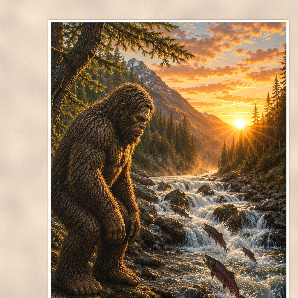 Golden Creek Bigfoot — 24x36 in art print poster, premium luster paper with a white border; close-up framed on the main subject of the artwork, paper surface visible.