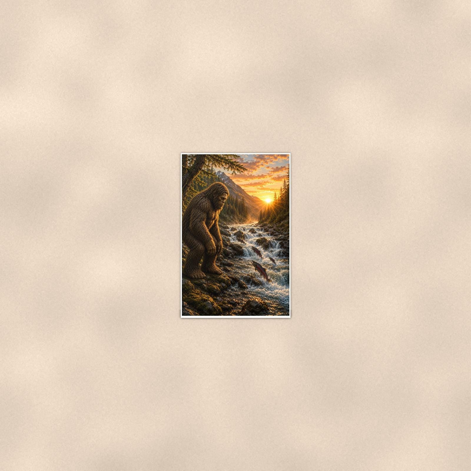 Golden Creek Bigfoot — 24x36 in art print poster, premium luster paper with a white border; poster seen from further back, at true 24x36 in scale on a warm wall.
