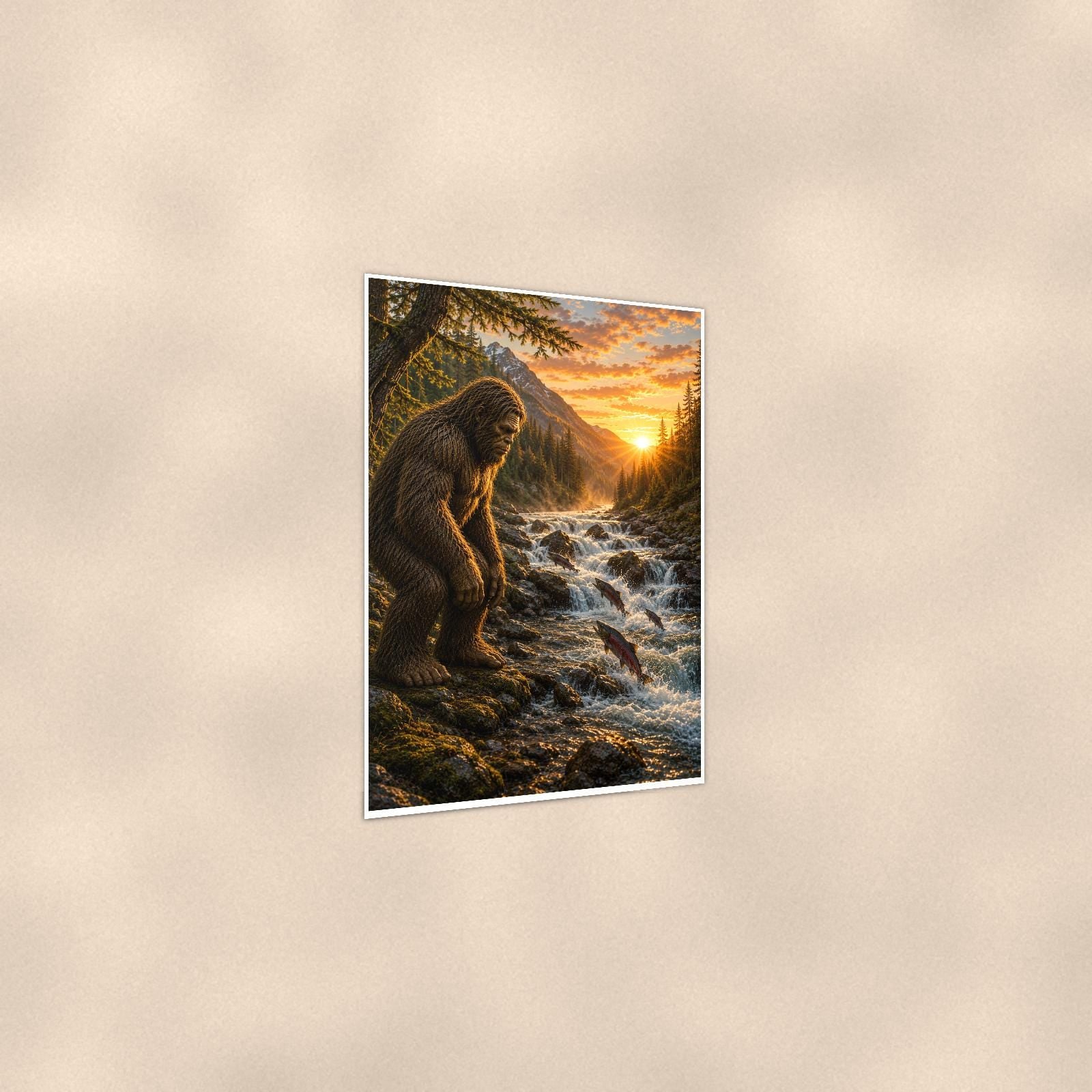 Golden Creek Bigfoot — 24x36 in art print poster, premium luster paper with a white border; gentle three-quarter angle on a warm wall, showing the flat paper edge.