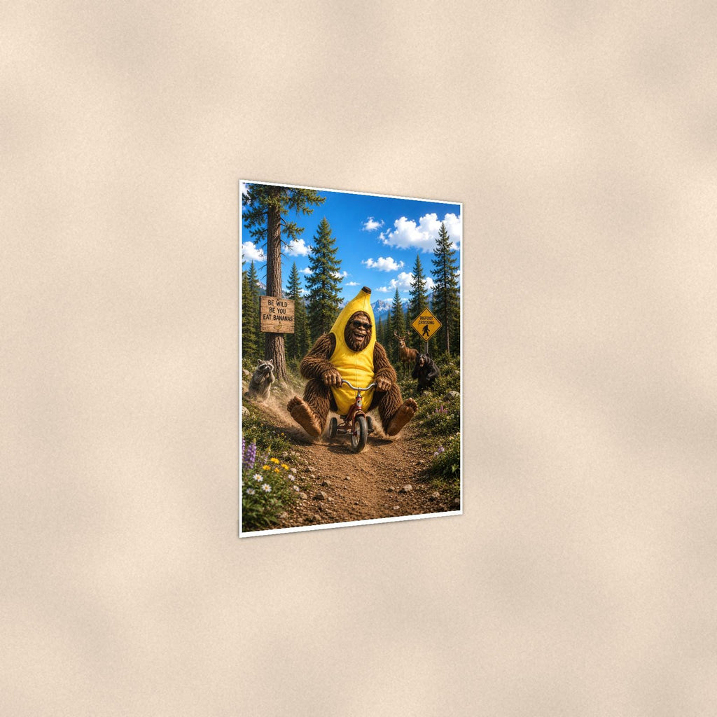 Banana Bike Bigfoot — 24x36 in art print poster, premium luster paper with a white border; gentle three-quarter angle on a warm wall, showing the flat paper edge.