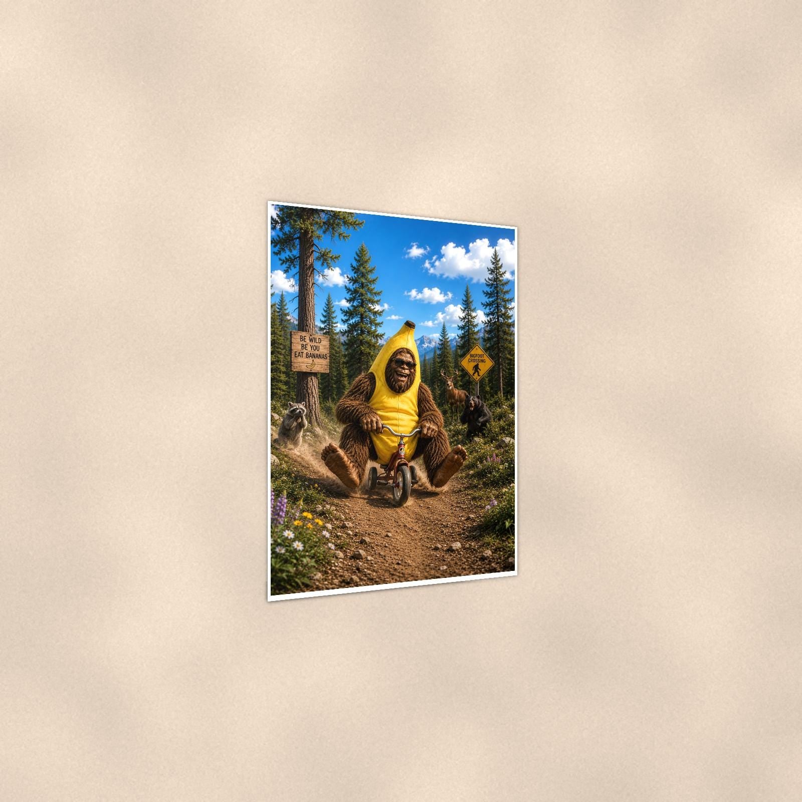 Banana Bike Bigfoot — 24x36 in art print poster, premium luster paper with a white border; gentle three-quarter angle on a warm wall, showing the flat paper edge.