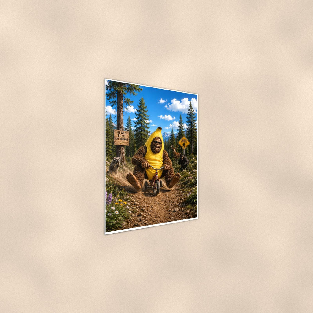 Banana Bike Bigfoot — 24x36 in art print poster, premium luster paper with a white border; steeper three-quarter angle on a warm wall, catching the luster sheen.