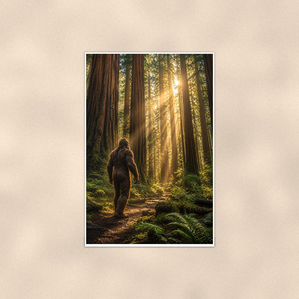 Redwood Wanderer Bigfoot — 24x36 in art print poster, premium luster paper with a white border; poster shown straight on against a warm wall.