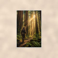 Redwood Wanderer Bigfoot — 24x36 in art print poster, premium luster paper with a white border; poster shown straight on against a warm wall.