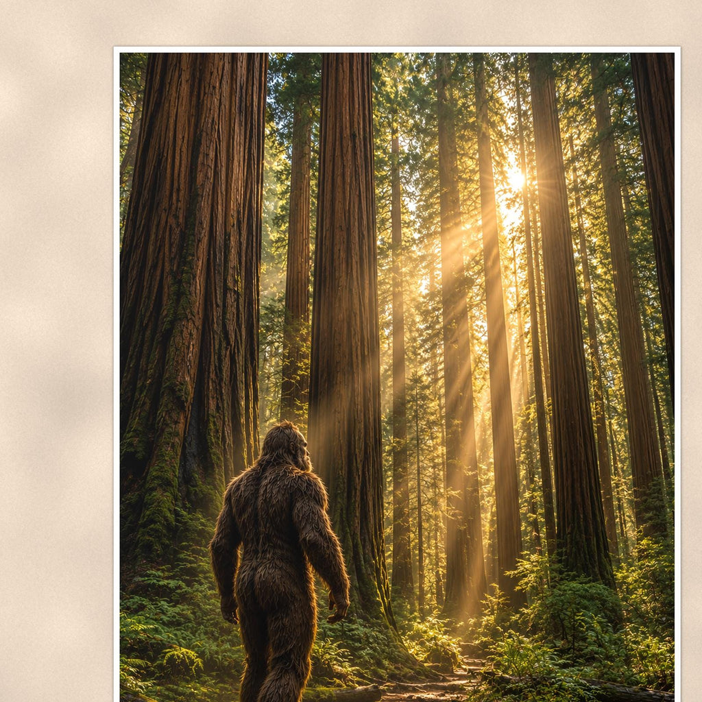 Redwood Wanderer Bigfoot — 24x36 in art print poster, premium luster paper with a white border; close-up framed on the main subject of the artwork, paper surface visible.