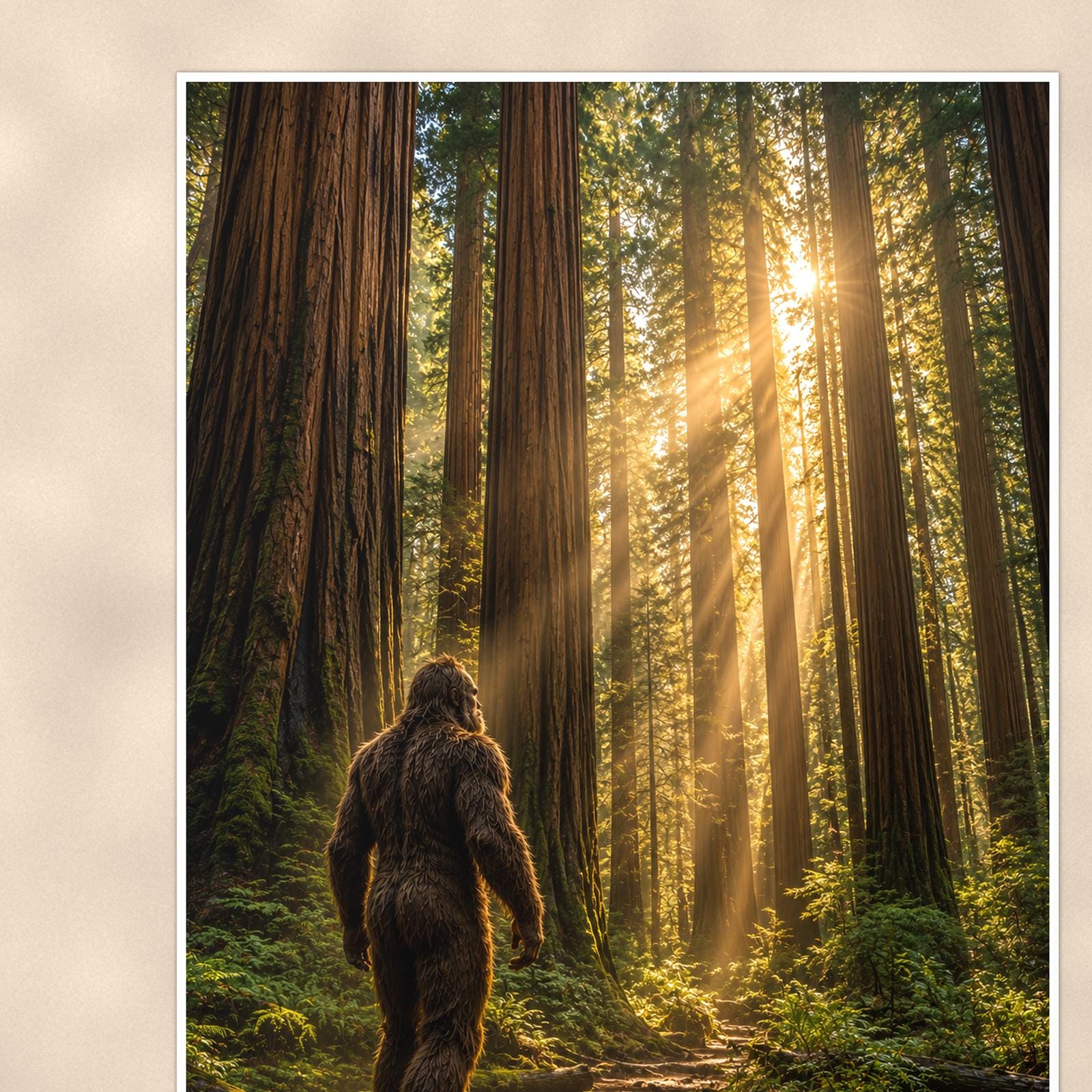 Redwood Wanderer Bigfoot — 24x36 in art print poster, premium luster paper with a white border; close-up framed on the main subject of the artwork, paper surface visible.
