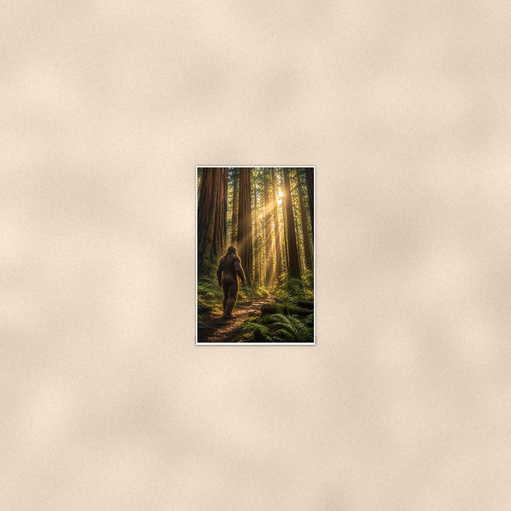 Redwood Wanderer Bigfoot — 24x36 in art print poster, premium luster paper with a white border; poster seen from further back, at true 24x36 in scale on a warm wall.
