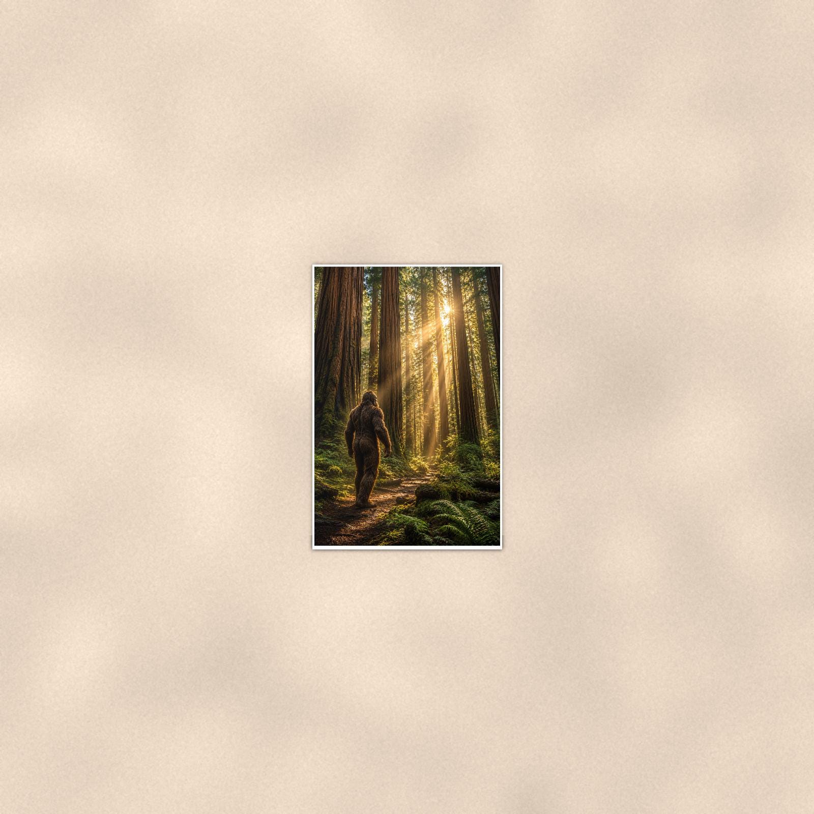 Redwood Wanderer Bigfoot — 24x36 in art print poster, premium luster paper with a white border; poster seen from further back, at true 24x36 in scale on a warm wall.