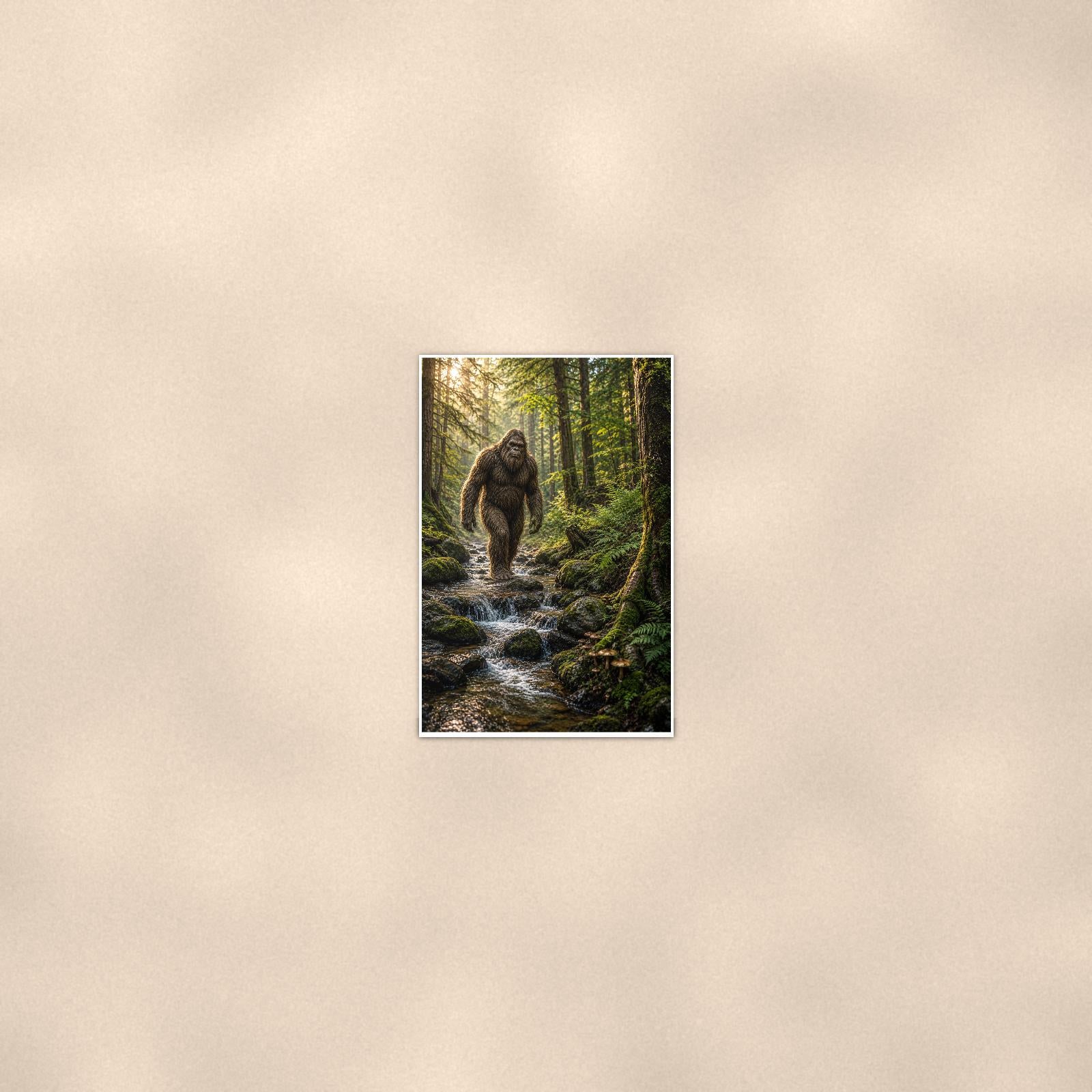Mossy Creek Bigfoot — 24x36 in art print poster, premium luster paper with a white border; poster seen from further back, at true 24x36 in scale on a warm wall.