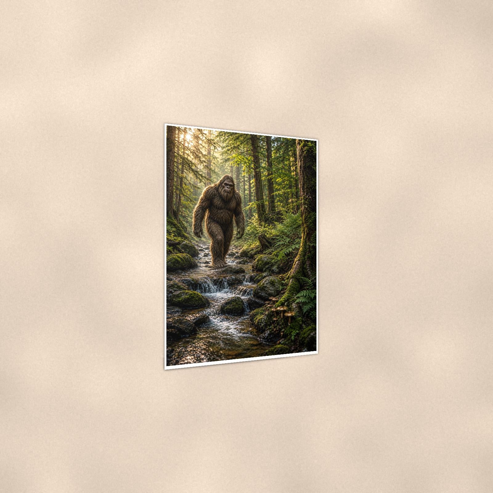 Mossy Creek Bigfoot — 24x36 in art print poster, premium luster paper with a white border; gentle three-quarter angle on a warm wall, showing the flat paper edge.