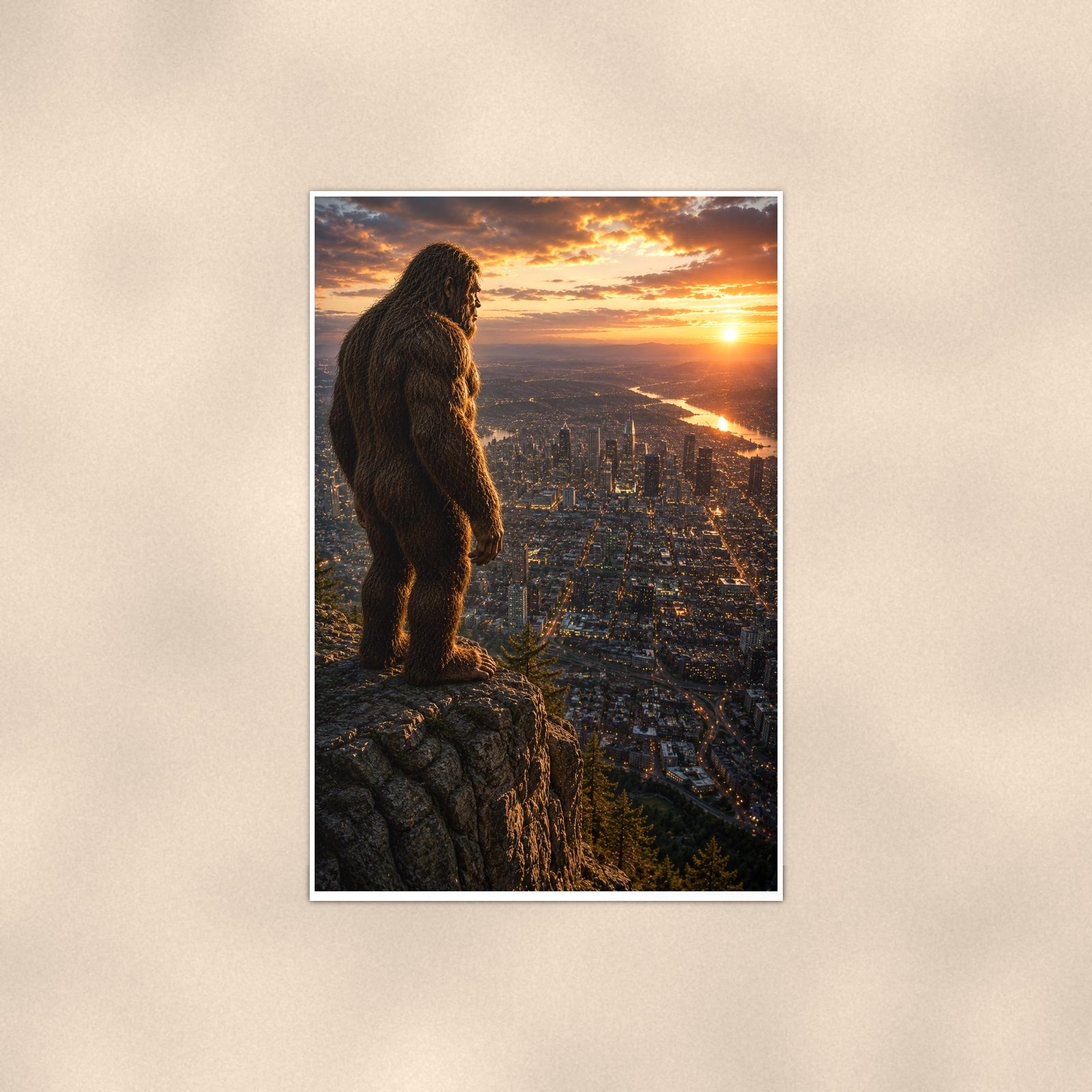City Lights Bigfoot — 24x36 in art print poster, premium luster paper with a white border; poster shown straight on against a warm wall.