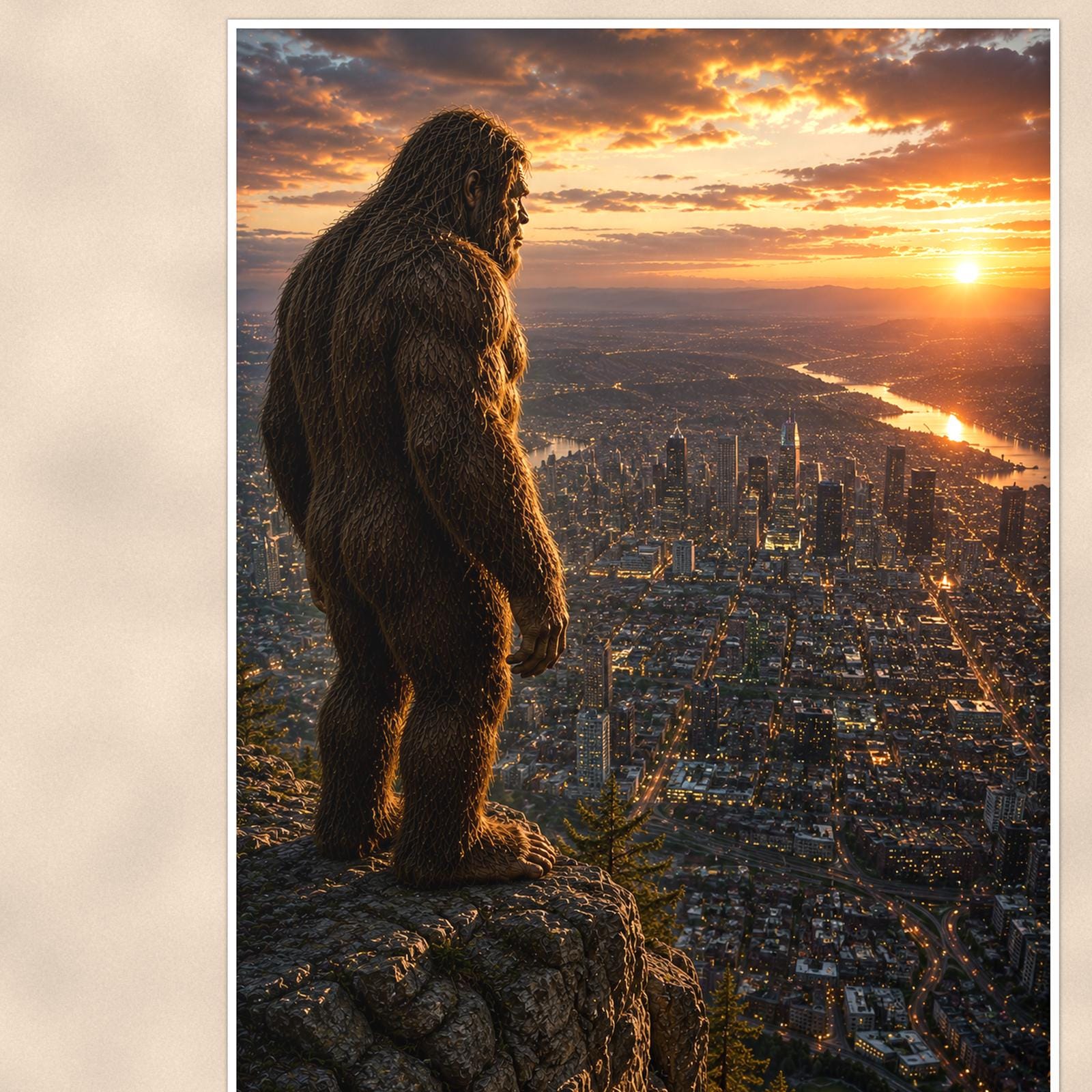 City Lights Bigfoot — 24x36 in art print poster, premium luster paper with a white border; close-up framed on the main subject of the artwork, paper surface visible.