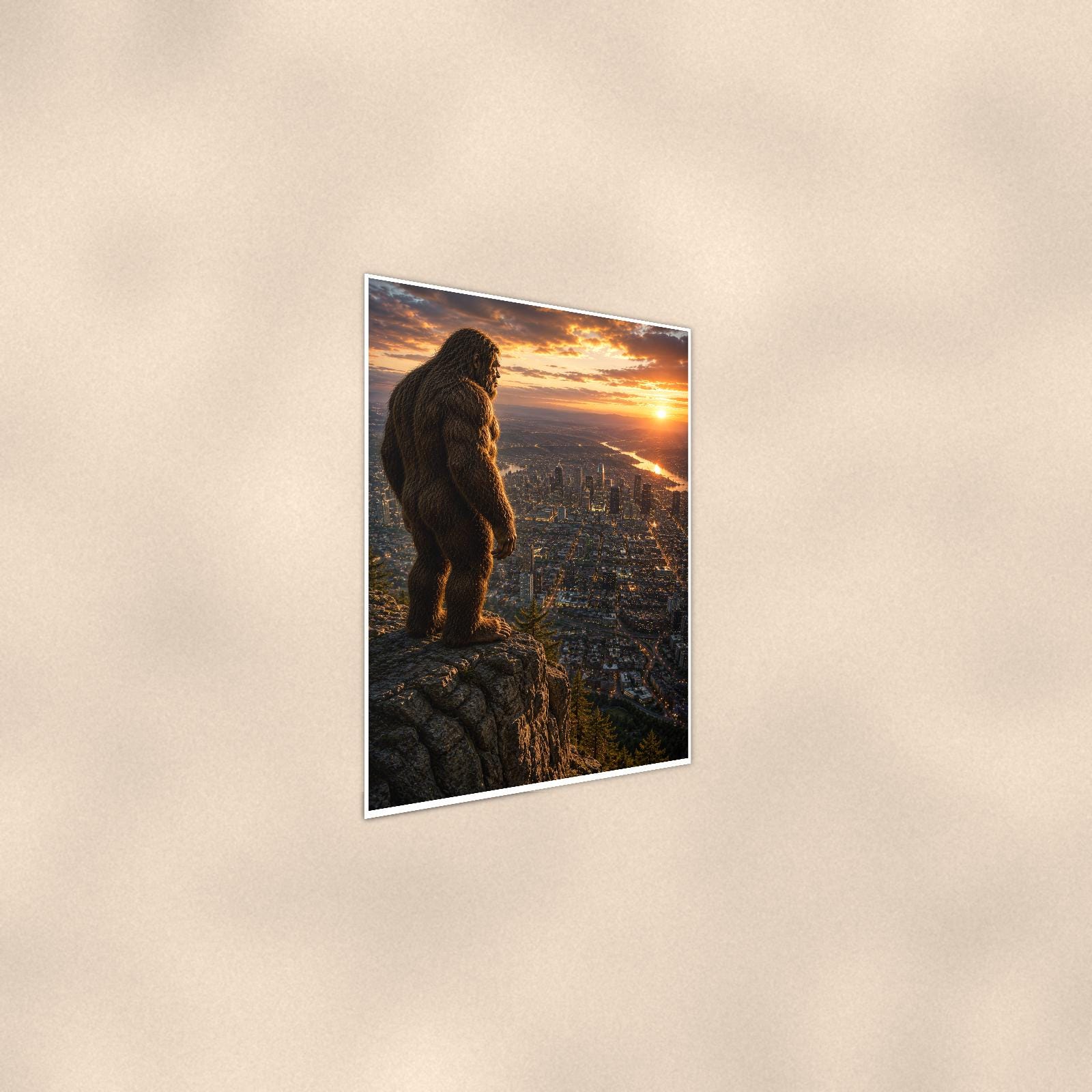 City Lights Bigfoot — 24x36 in art print poster, premium luster paper with a white border; steeper three-quarter angle on a warm wall, catching the luster sheen.