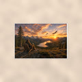 Mountain Sunset Bigfoot — 36x24 in art print poster, premium luster paper with a white border; poster shown straight on against a warm wall.