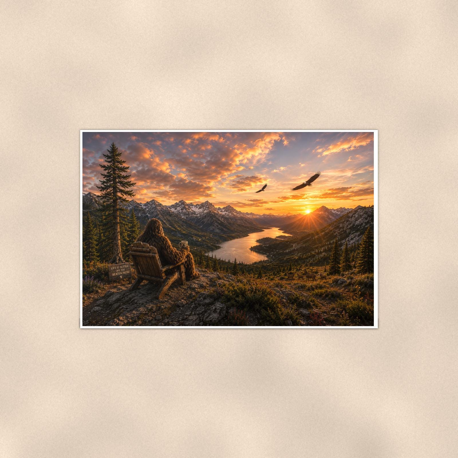 Mountain Sunset Bigfoot — 36x24 in art print poster, premium luster paper with a white border; poster shown straight on against a warm wall.