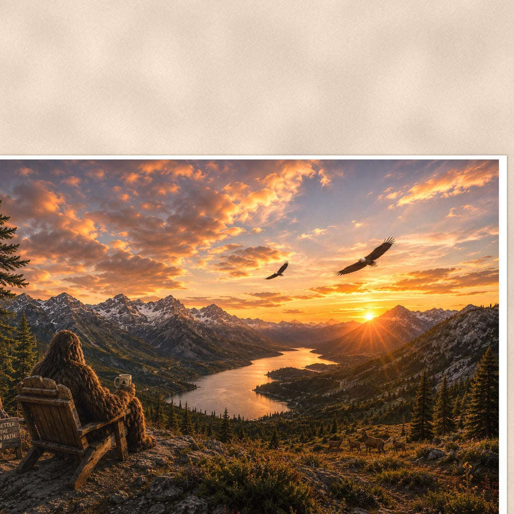 Mountain Sunset Bigfoot — 36x24 in art print poster, premium luster paper with a white border; close-up framed on the main subject of the artwork, paper surface visible.