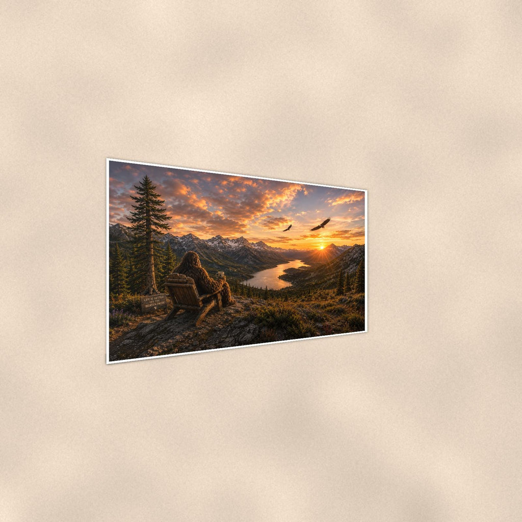 Mountain Sunset Bigfoot — 36x24 in art print poster, premium luster paper with a white border; steeper three-quarter angle on a warm wall, catching the luster sheen.