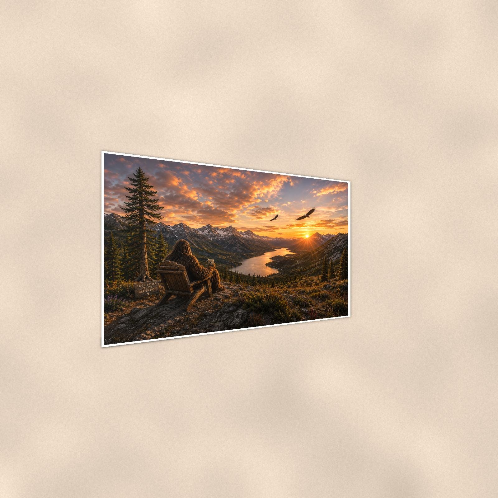 Mountain Sunset Bigfoot — 36x24 in art print poster, premium luster paper with a white border; steeper three-quarter angle on a warm wall, catching the luster sheen.