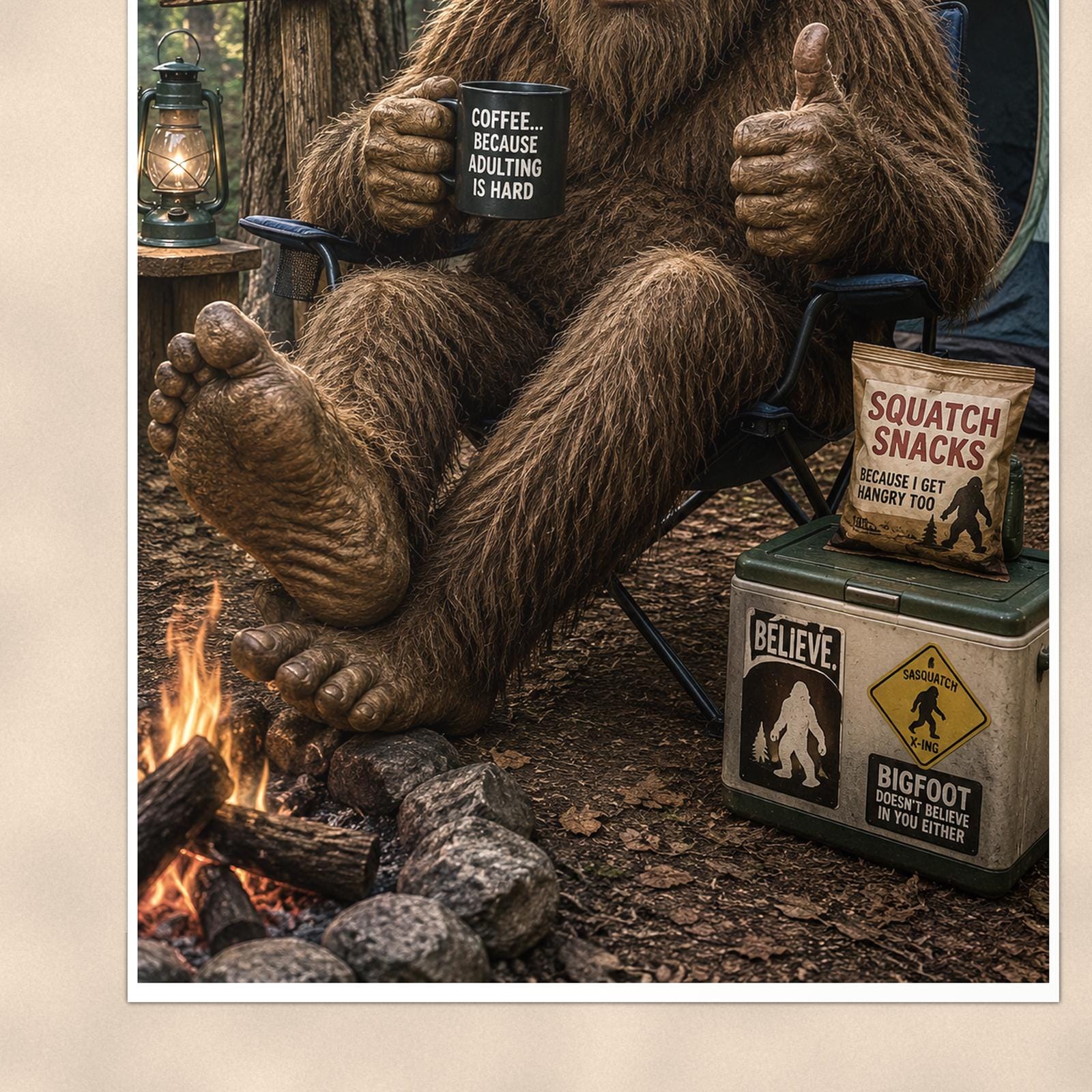 Gone Squatchin Coffee Bigfoot — 24x36 in art print poster, premium luster paper with a white border; close-up framed on the main subject of the artwork, paper surface visible.