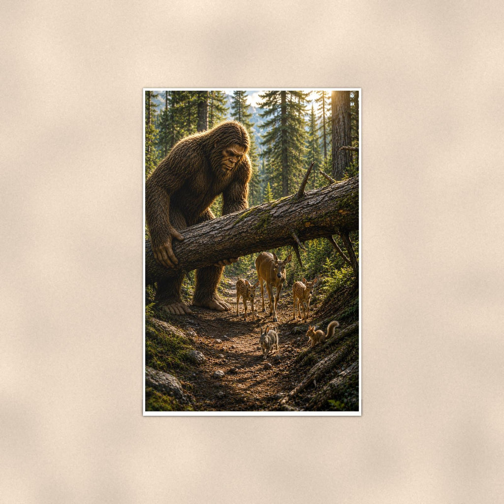 Log Bridge Bigfoot — 24x36 in art print poster, premium luster paper with a white border; poster shown straight on against a warm wall.