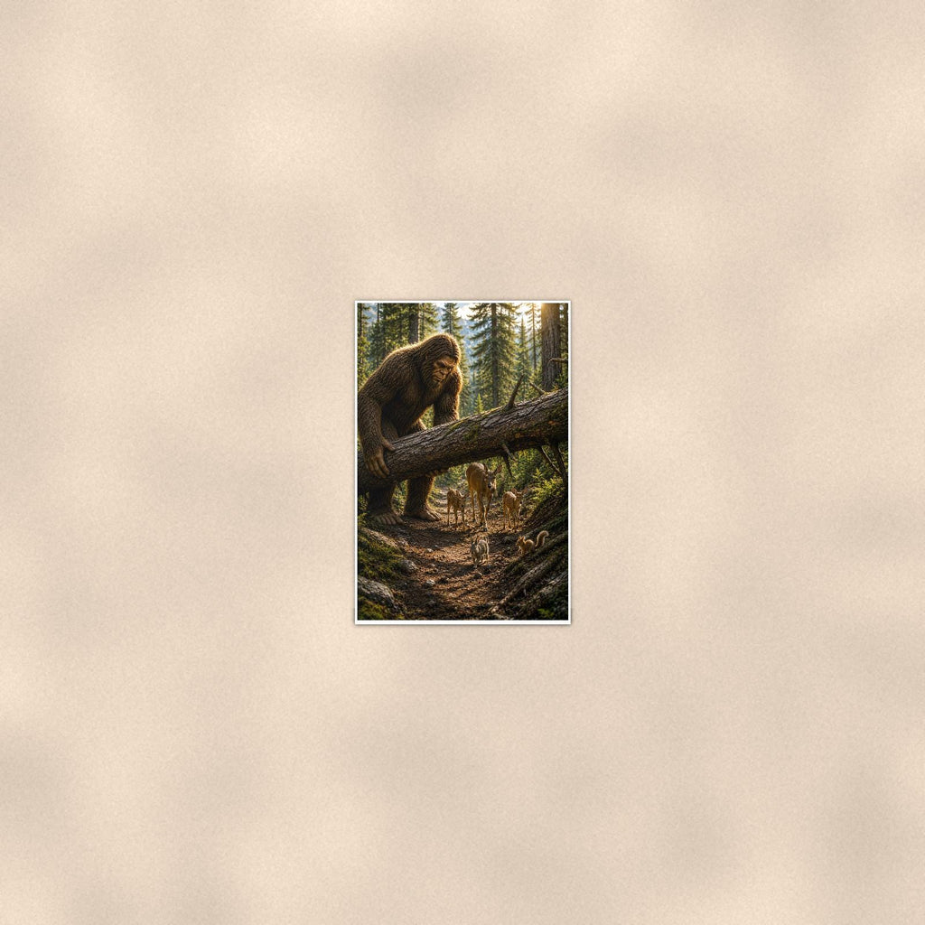 Log Bridge Bigfoot — 24x36 in art print poster, premium luster paper with a white border; poster seen from further back, at true 24x36 in scale on a warm wall.