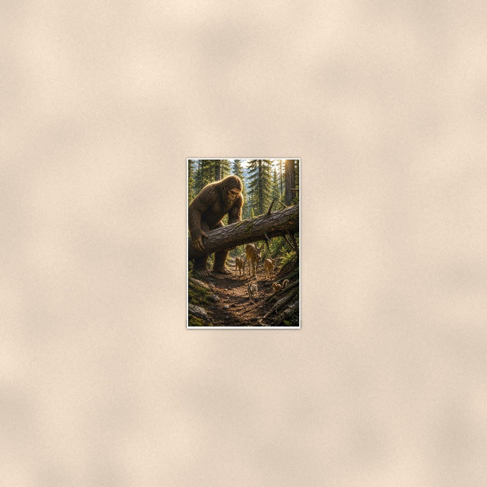 Log Bridge Bigfoot — 24x36 in art print poster, premium luster paper with a white border; poster seen from further back, at true 24x36 in scale on a warm wall.