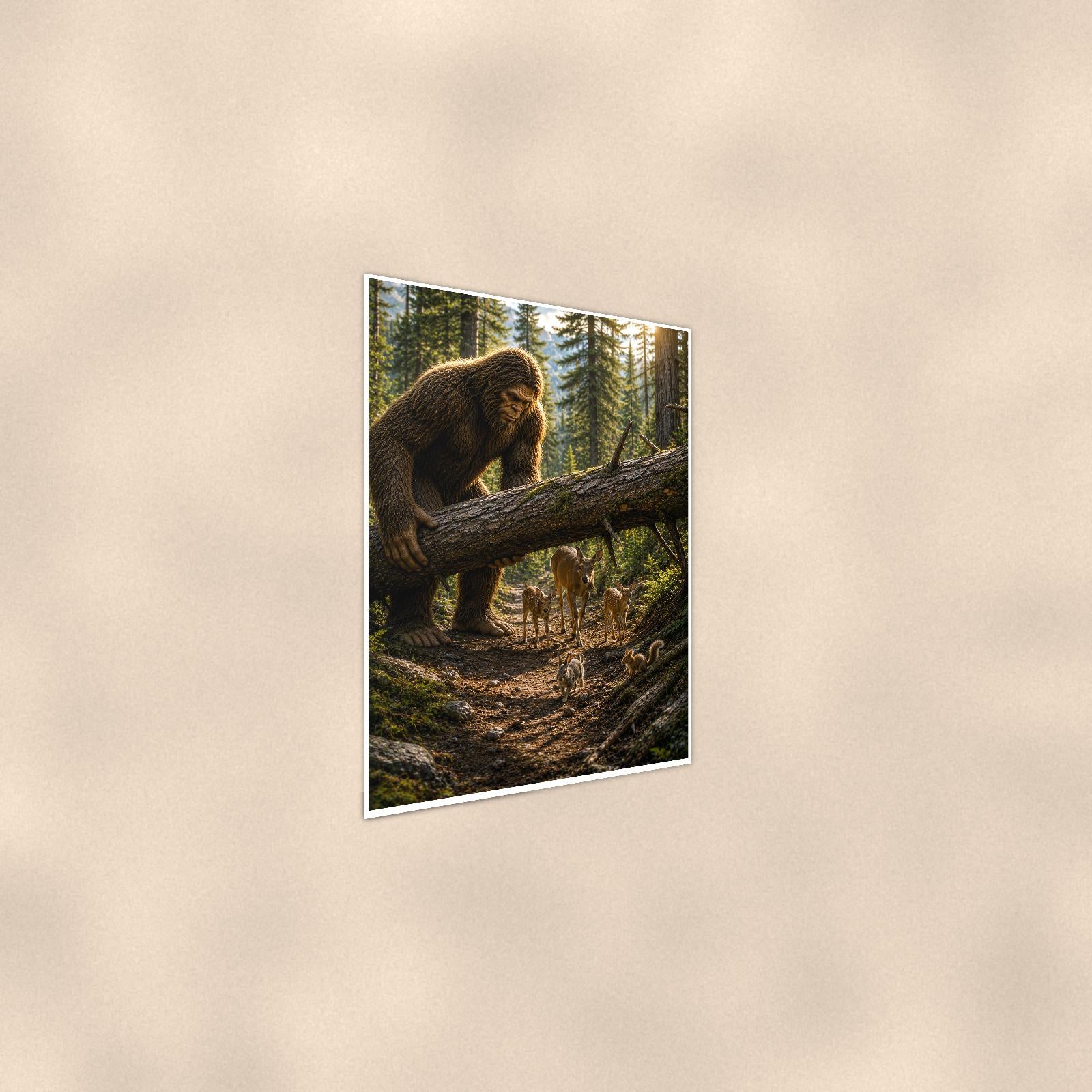 Log Bridge Bigfoot — 24x36 in art print poster, premium luster paper with a white border; steeper three-quarter angle on a warm wall, catching the luster sheen.