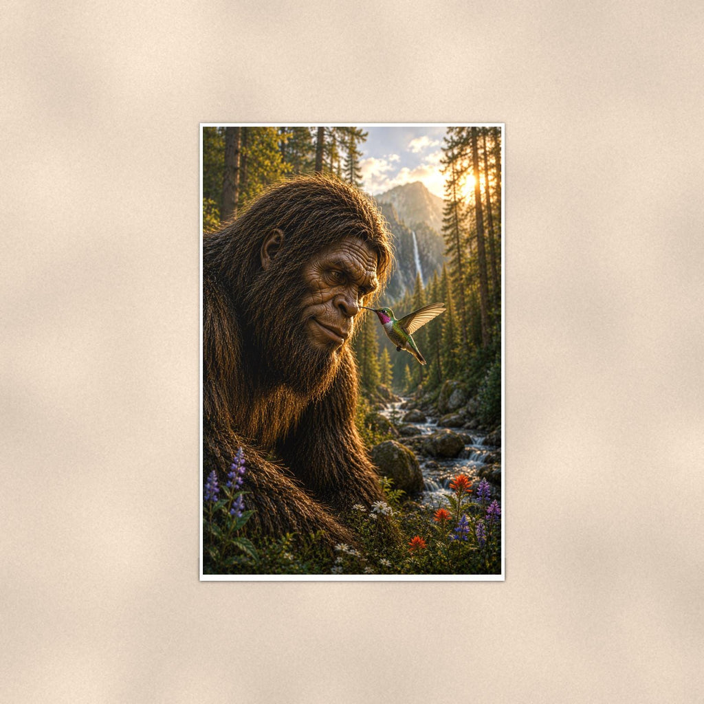 Waterfall Gaze Bigfoot — 24x36 in art print poster, premium luster paper with a white border; poster shown straight on against a warm wall.