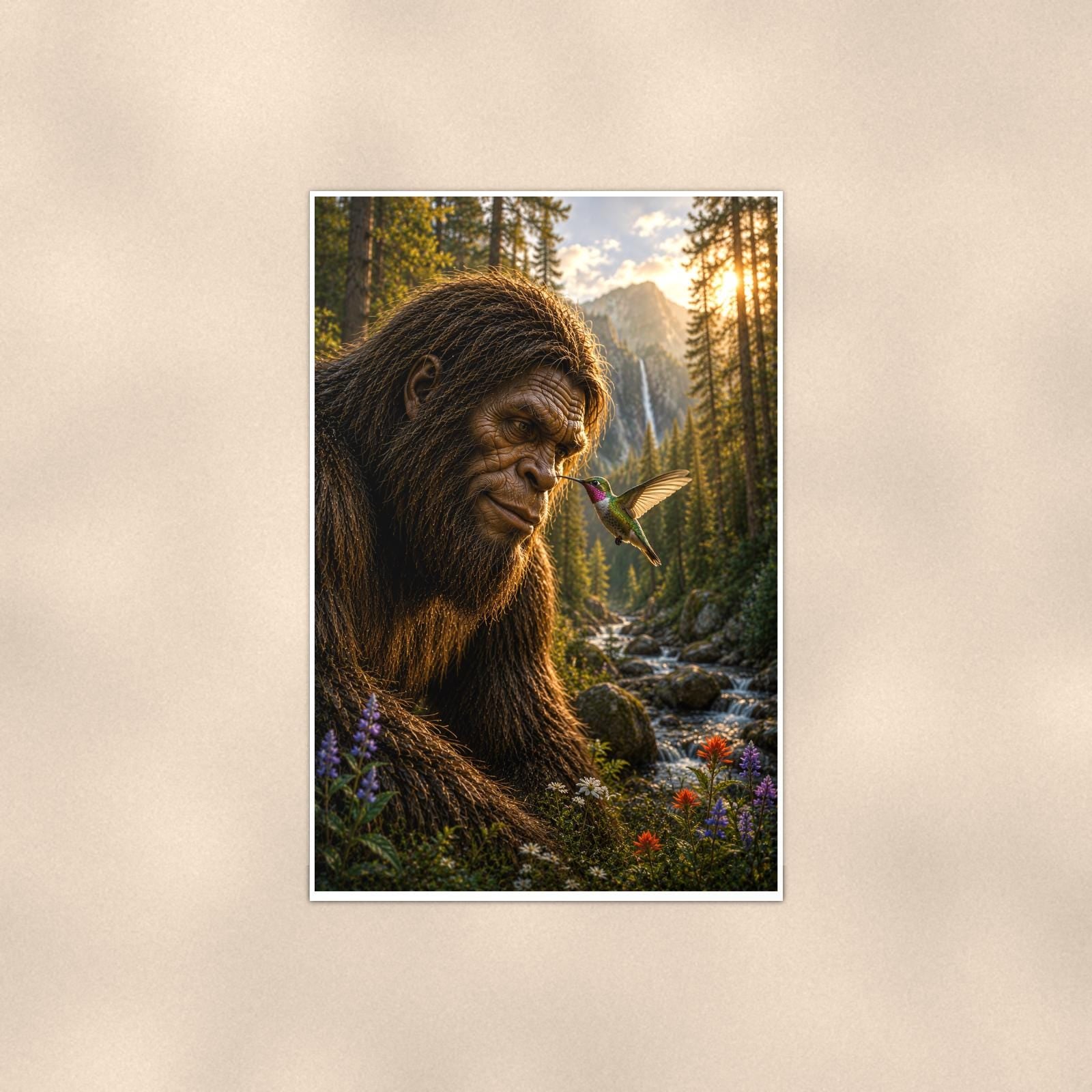 Waterfall Gaze Bigfoot — 24x36 in art print poster, premium luster paper with a white border; poster shown straight on against a warm wall.
