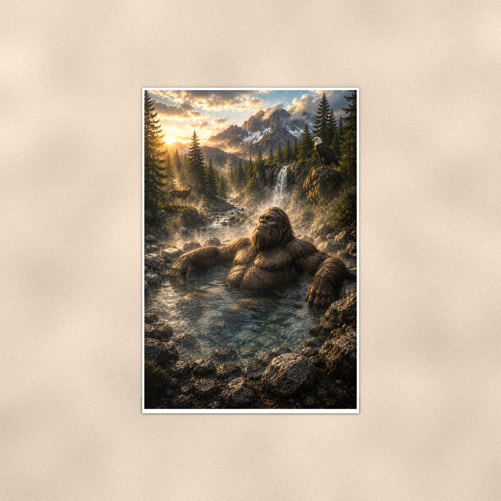 Hot Spring Soak Bigfoot — 24x36 in art print poster, premium luster paper with a white border; poster shown straight on against a warm wall.