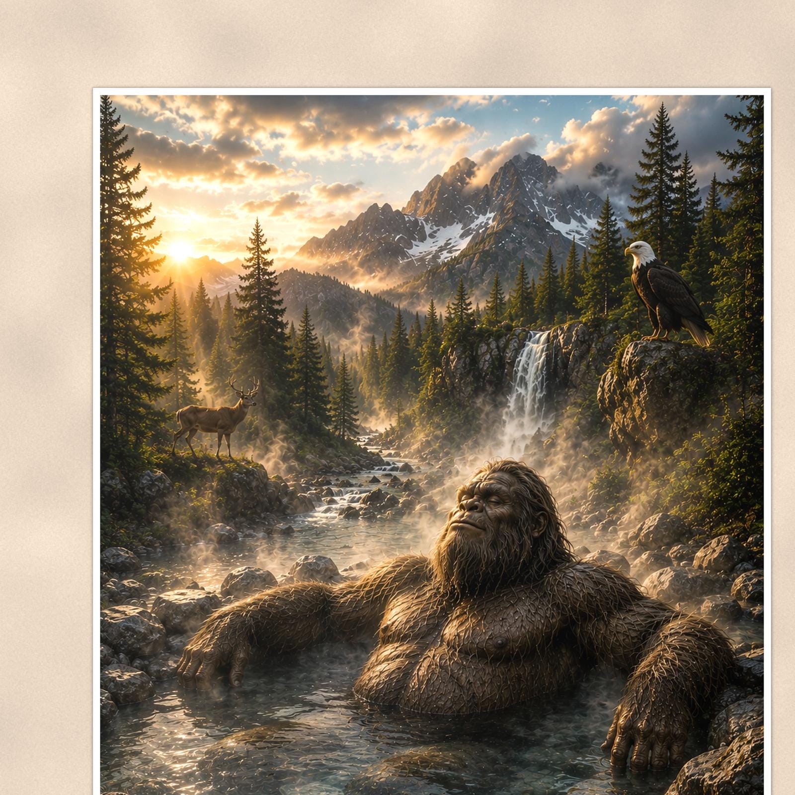 Hot Spring Soak Bigfoot — 24x36 in art print poster, premium luster paper with a white border; close-up framed on the main subject of the artwork, paper surface visible.