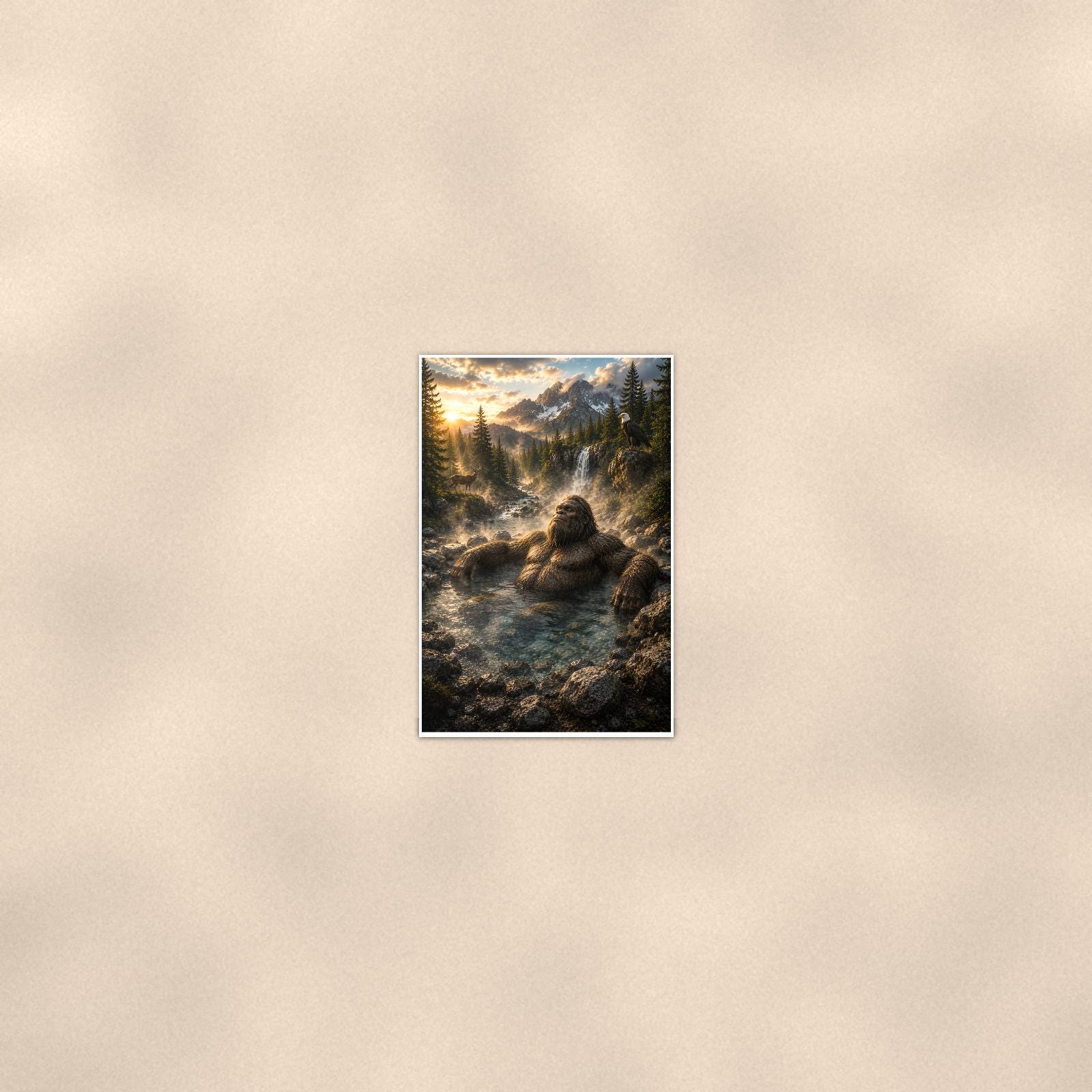 Hot Spring Soak Bigfoot — 24x36 in art print poster, premium luster paper with a white border; poster seen from further back, at true 24x36 in scale on a warm wall.