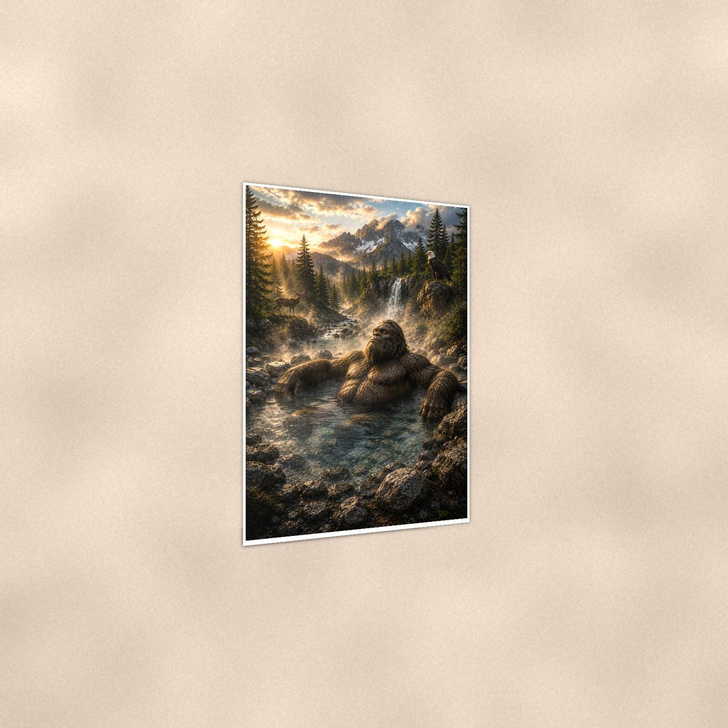 Hot Spring Soak Bigfoot — 24x36 in art print poster, premium luster paper with a white border; gentle three-quarter angle on a warm wall, showing the flat paper edge.