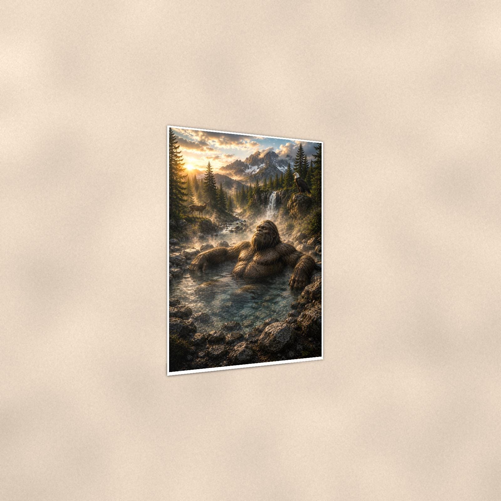 Hot Spring Soak Bigfoot — 24x36 in art print poster, premium luster paper with a white border; gentle three-quarter angle on a warm wall, showing the flat paper edge.